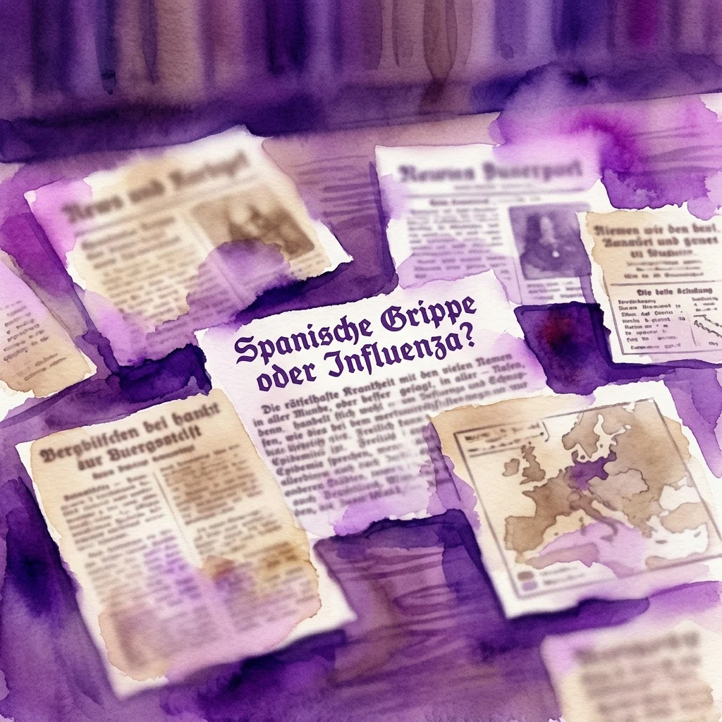 Collage of German newspaper clippings with a purple wash, headlined 'Spanische Grippe oder Influenza?', illustrating historical pandemic reporting.