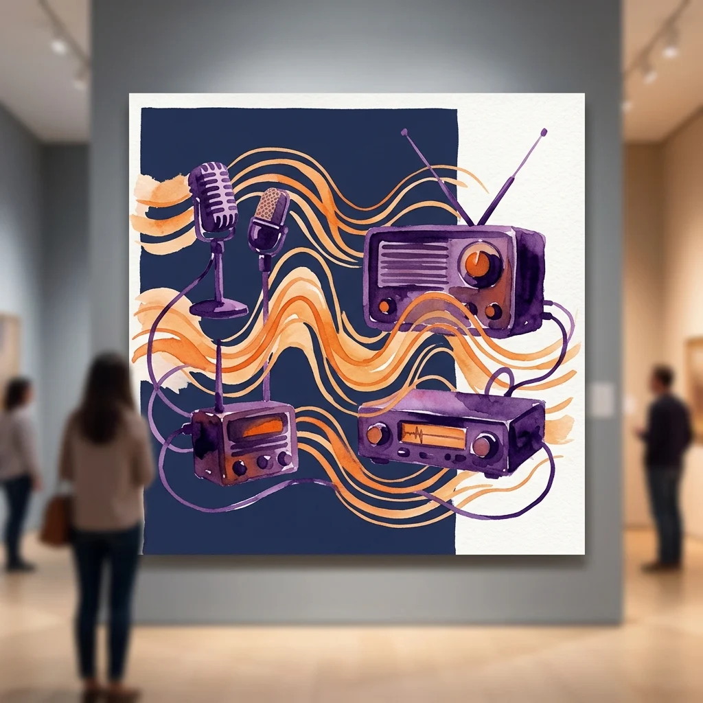 Ilustración en acuarela de micrófonos y radios antiguos conectados por ondas sonoras de color naranja, expuesta en una galería para la exposición 'It's Broadcasting!'.