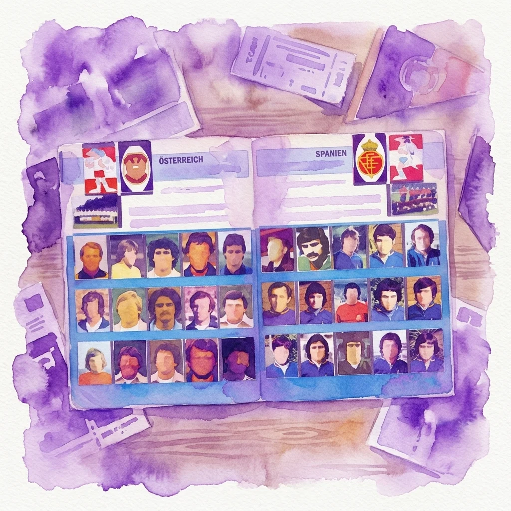 Ilustración en acuarela de un álbum de cromos de la Copa Mundial de 1978 abierto, que muestra los retratos de los jugadores de Österreich y España, rodeado de objetos efímeros vintage dispersos.