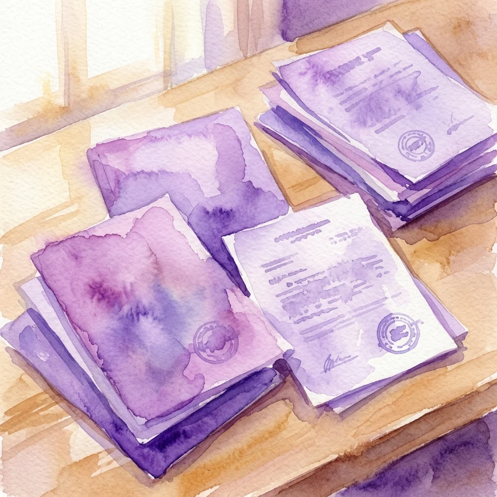 Watercolor illustration of stacked official documents with seals on a wooden desk near a window, representing the Legal Code Corona Laws of June 2020.
