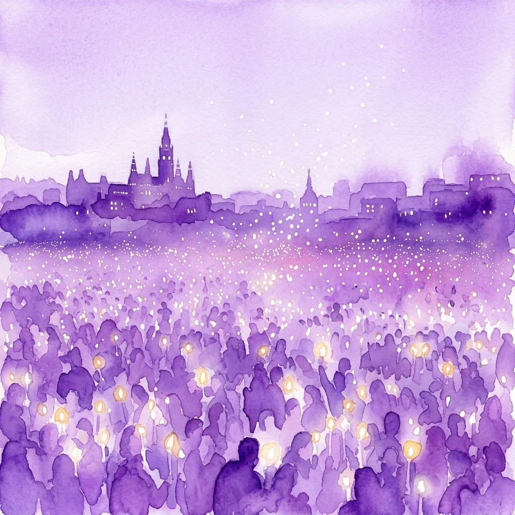 Ilustracja akwarelowa przedstawiająca duży tłum trzymający podniesione światła podczas demonstracji 'Morze Świateł' w Austrii w 1993 roku, symbolizującej jedność i pokojowy protest przeciwko dyskryminacji.