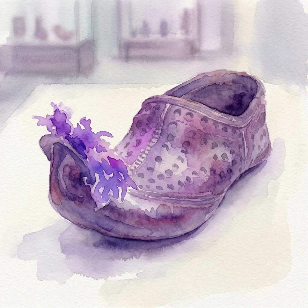 Aquarelschilderij van een traditionele kozakkenschoen in paarstinten met decoratieve stof, rustend op een displayoppervlak in een museumopstelling.