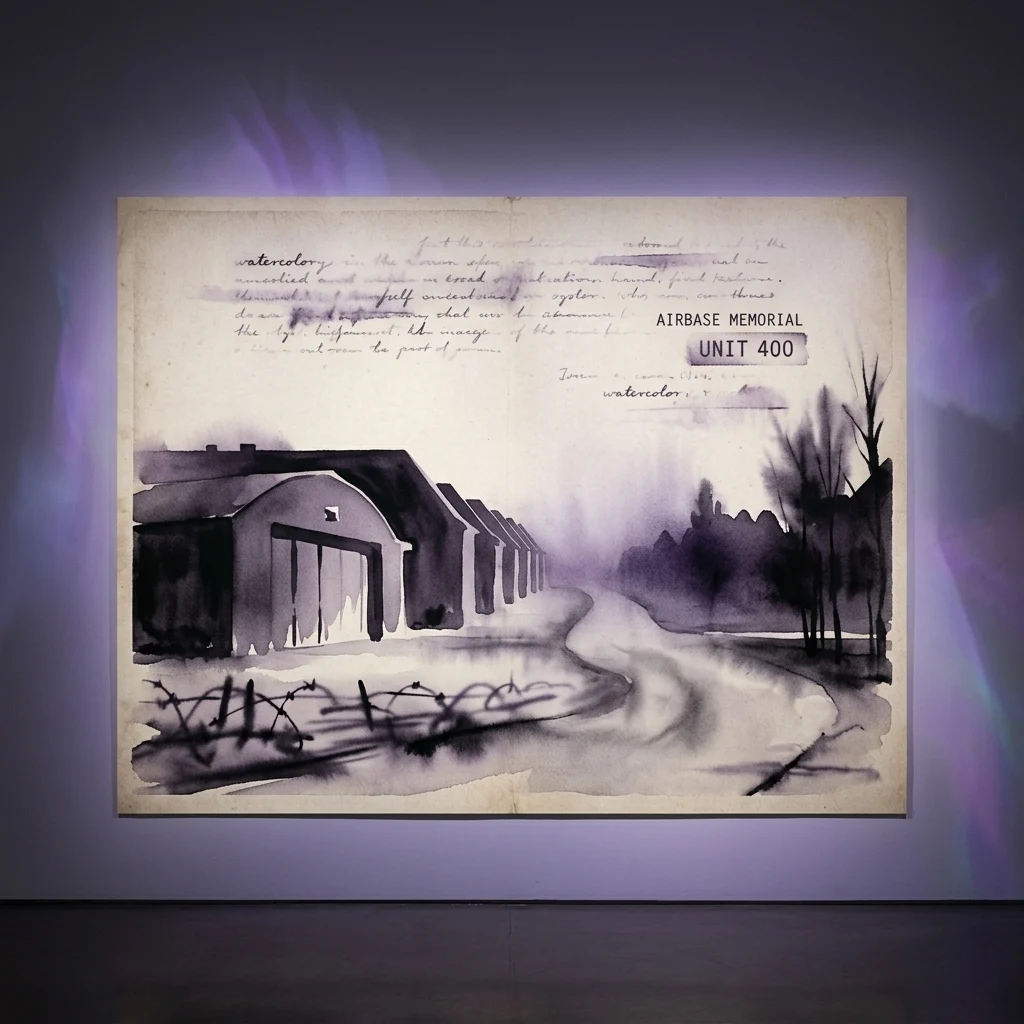 Proyección en un museo de una sobria acuarela en blanco y negro que representa hangares de una base aérea, una carretera y alambre de espino, etiquetada como 'Airbase Memorial Unit 400'.
