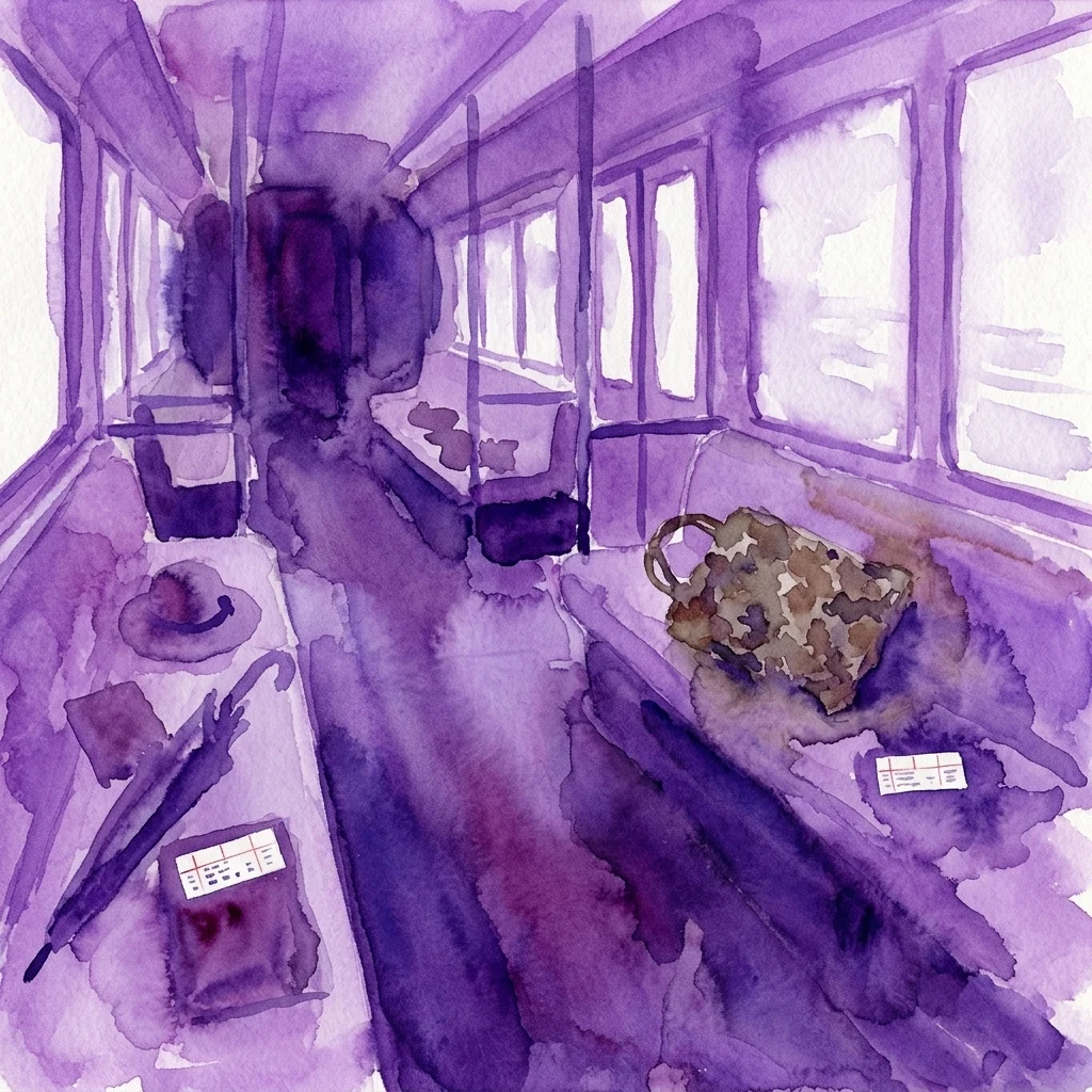 Ilustracja akwarelowa wnętrza wagonu kolejowego w fioletowych barwach, przedstawiająca znalezione przedmioty, takie jak kapelusz, parasol i torba, nawiązująca do wystawy 'lost/and/found' autorstwa Nicole Six & Paul Petritsch.