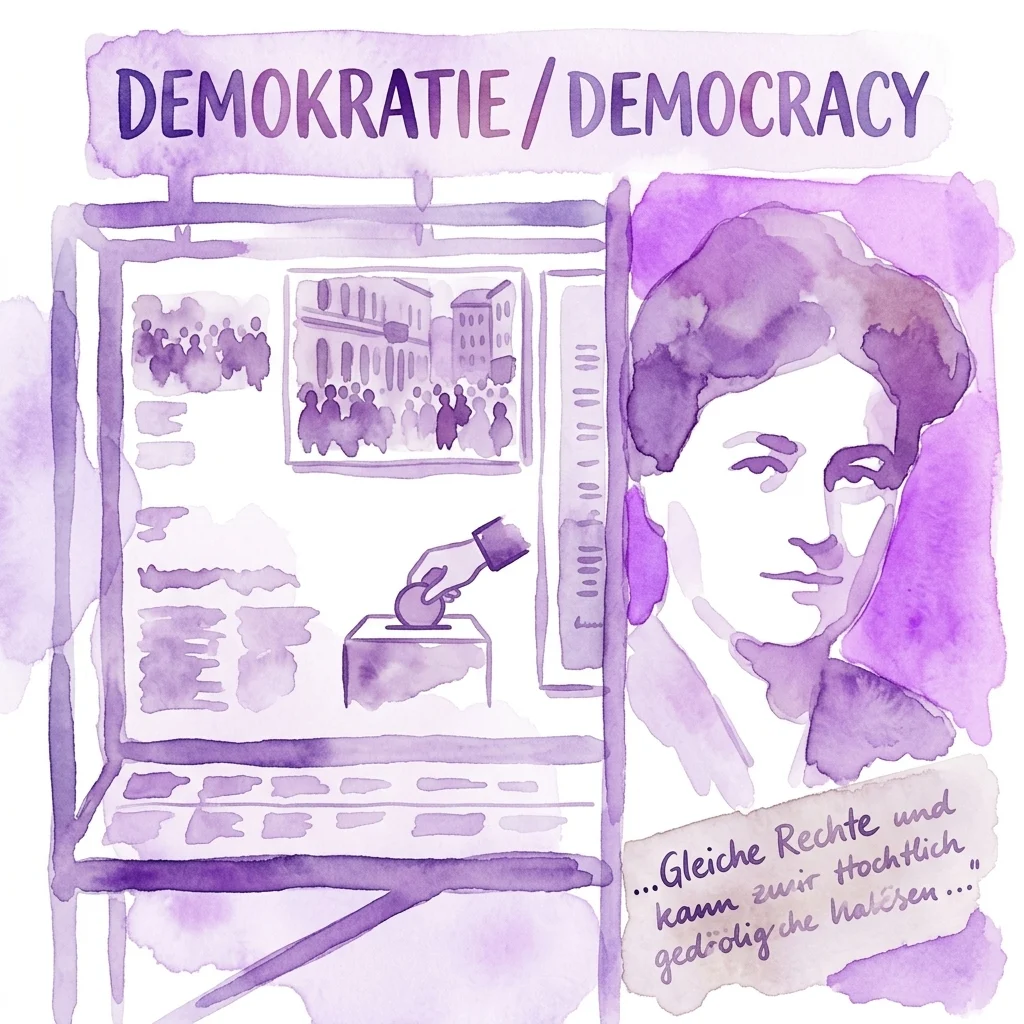 Ilustracja akwarelowa wystawy poświęconej demokracji, przedstawiająca głosującego oddającego głos, portret i napis „Demokratie/Democracy” z niemieckim cytatem o równych prawach.