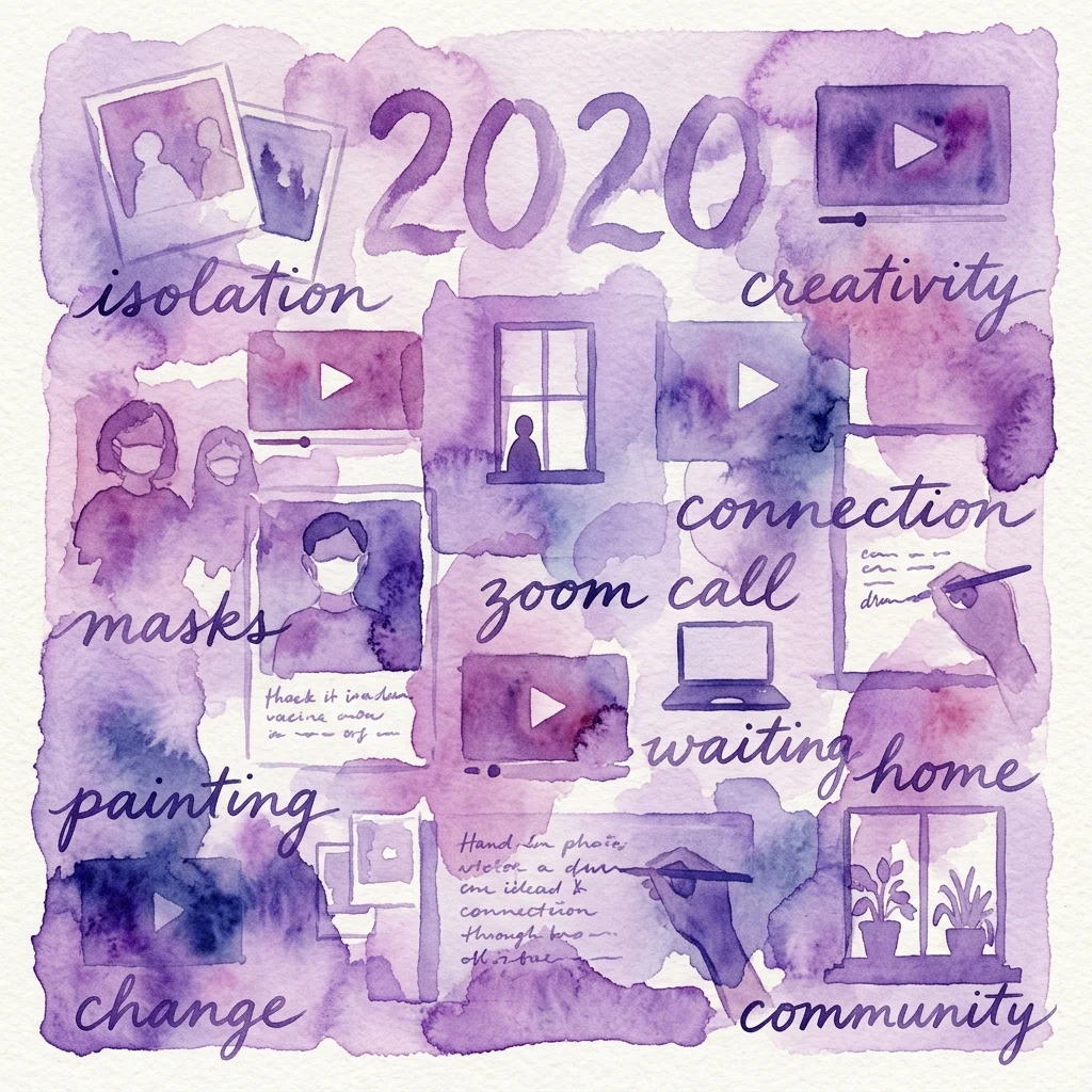 Een paarse aquarelcollage die thema's uit 2020 uitbeeldt, waaronder isolatie, creativiteit, maskers, Zoom-gesprekken en gemeenschap, en persoonlijke ervaringen tijdens de pandemie weerspiegelt.