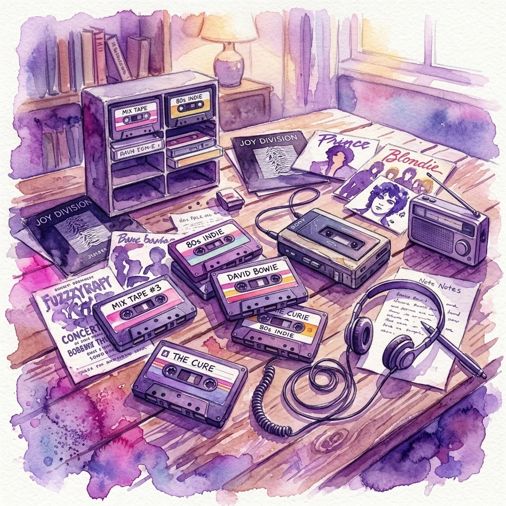Watercolor illustration of a desk with vintage cassette tapes labeled 'The Cure' and 'David Bowie', a cassette player, headphones, and album covers.