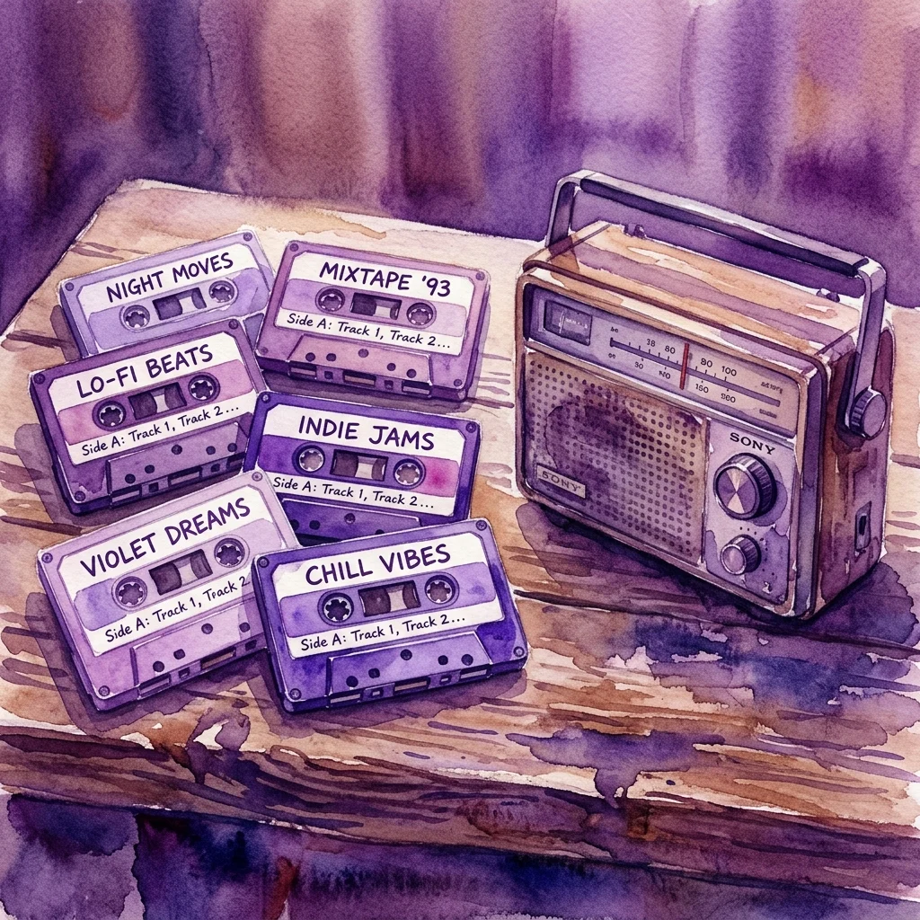 Watercolor illustration of vintage audio cassette tapes with handwritten labels like 'Mixtape 93' next to a retro Sony radio on a wooden table.