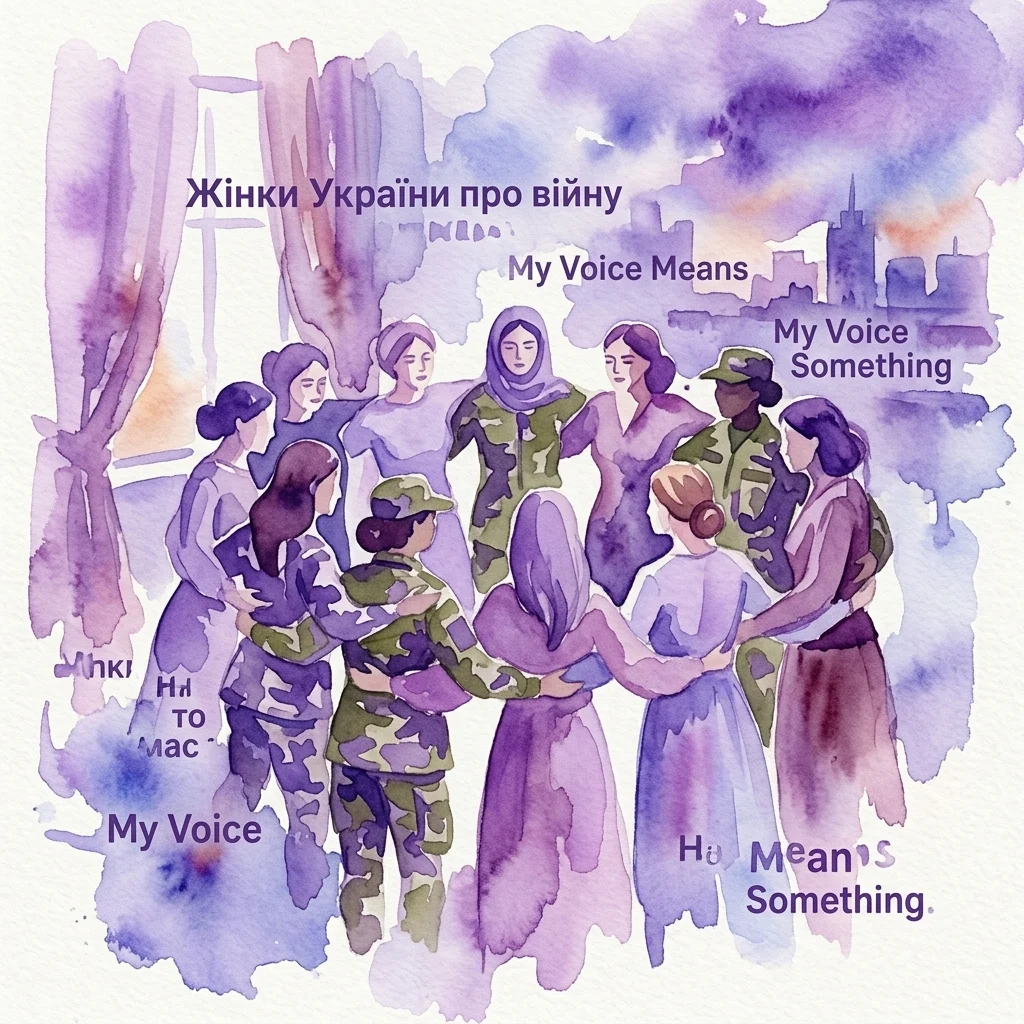 Ilustracja akwarelowa przedstawiająca różnorodne Ukrainki, niektóre w strojach wojskowych, inne w cywilnych ubraniach, stojące w kręgu z nałożonym tekstem „Mój głos coś znaczy” i „Жінки України про війну”, przekazująca odporność i zbiorowy głos podczas wojny.