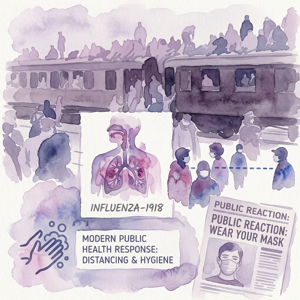 Ilustración en acuarela que compara la pandemia de gripe de 1918 con las medidas modernas de salud pública, mostrando trenes abarrotados, pulmones infectados y personas con mascarillas con etiquetas de texto.