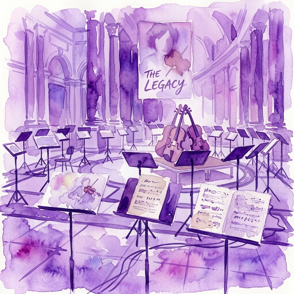 Een aquarelillustratie van een concertzaal met violen, bladmuziek en lessenaars, die de nalatenschap van Alma en Arnold Rosé oproept, onderdeel van de tentoonstelling 'Nur die Geigen sind geblieben'.