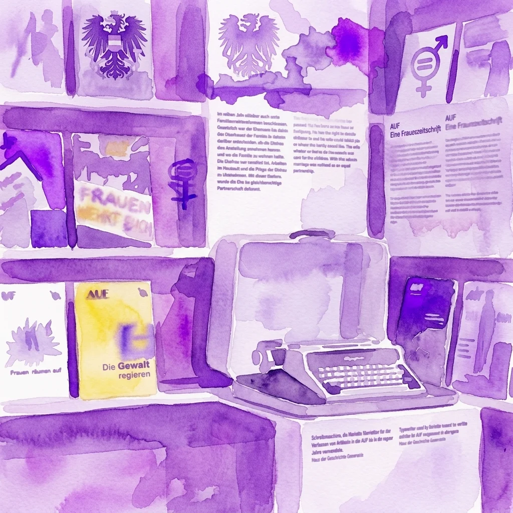 Ilustración en acuarela de una exposición feminista con revistas vintage como 'AUF' y una máquina de escribir, con el escudo de armas austriaco y símbolos de igualdad de género, conmemorando 50 años de reforma de la ley de familia.