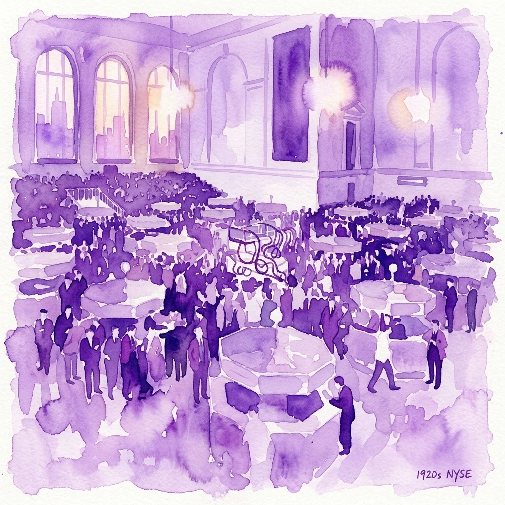 Ilustración en acuarela de color morado que representa la concurrida sala de operaciones de la Bolsa de Nueva York en la década de 1920, con hombres con traje y grandes ventanales arqueados.