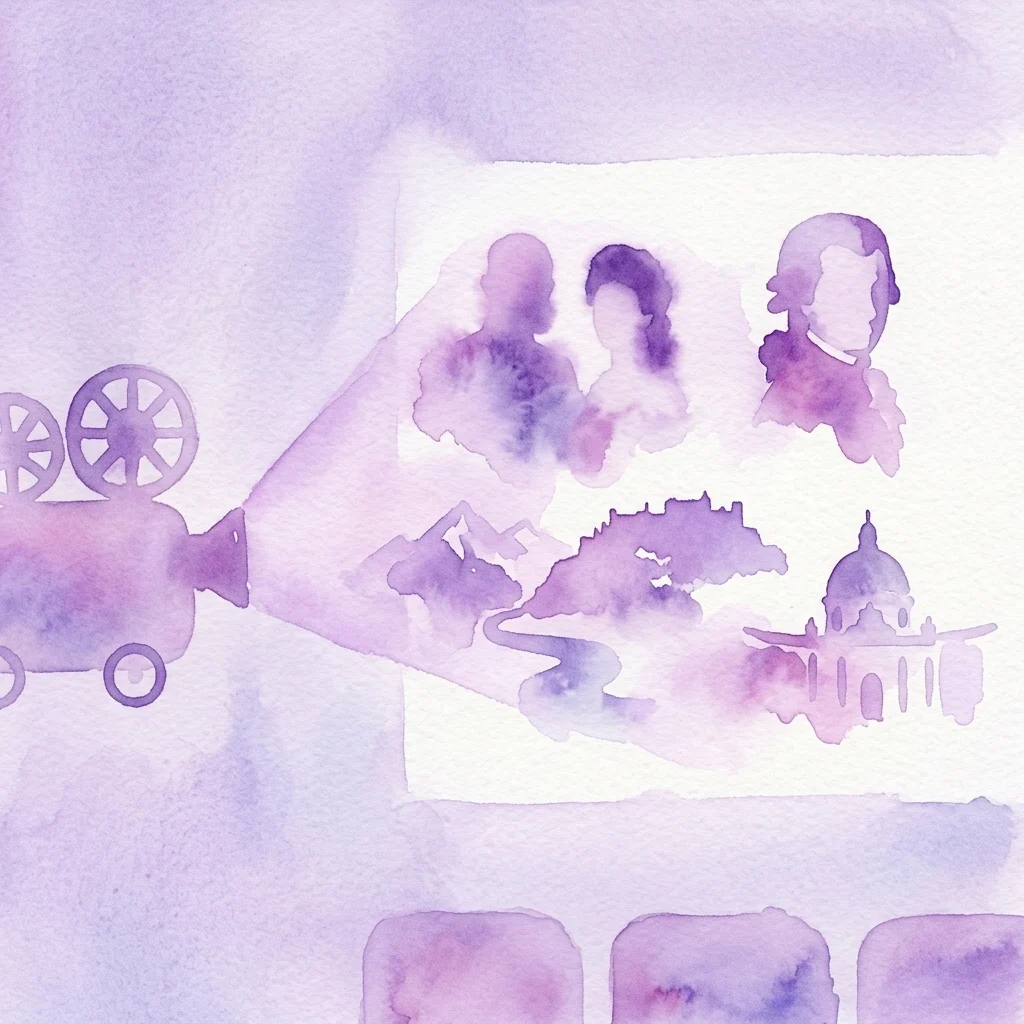 Ilustracja akwarelowa zabytkowego projektora filmowego wyświetlającego sceny austriackich krajobrazów, postaci historycznych i architektury, wywołująca nostalgiczną atmosferę kina.