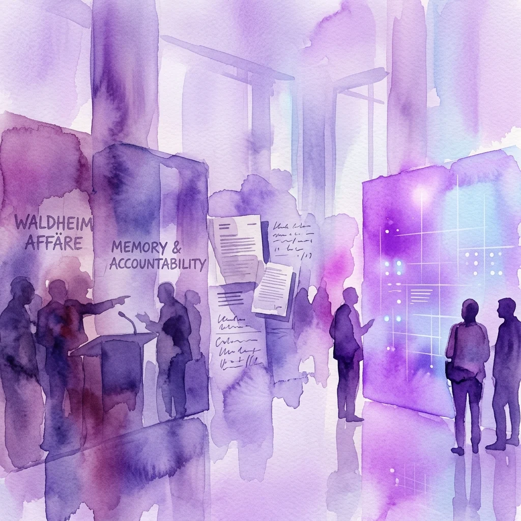 A watercolor illustration of an exhibition space with silhouettes of visitors, featuring text panels on 'Waldheim Affäre' and 'Memory & Accountability,' and a digital display, conveying a reflective atmosphere on Austria's Nazi past.