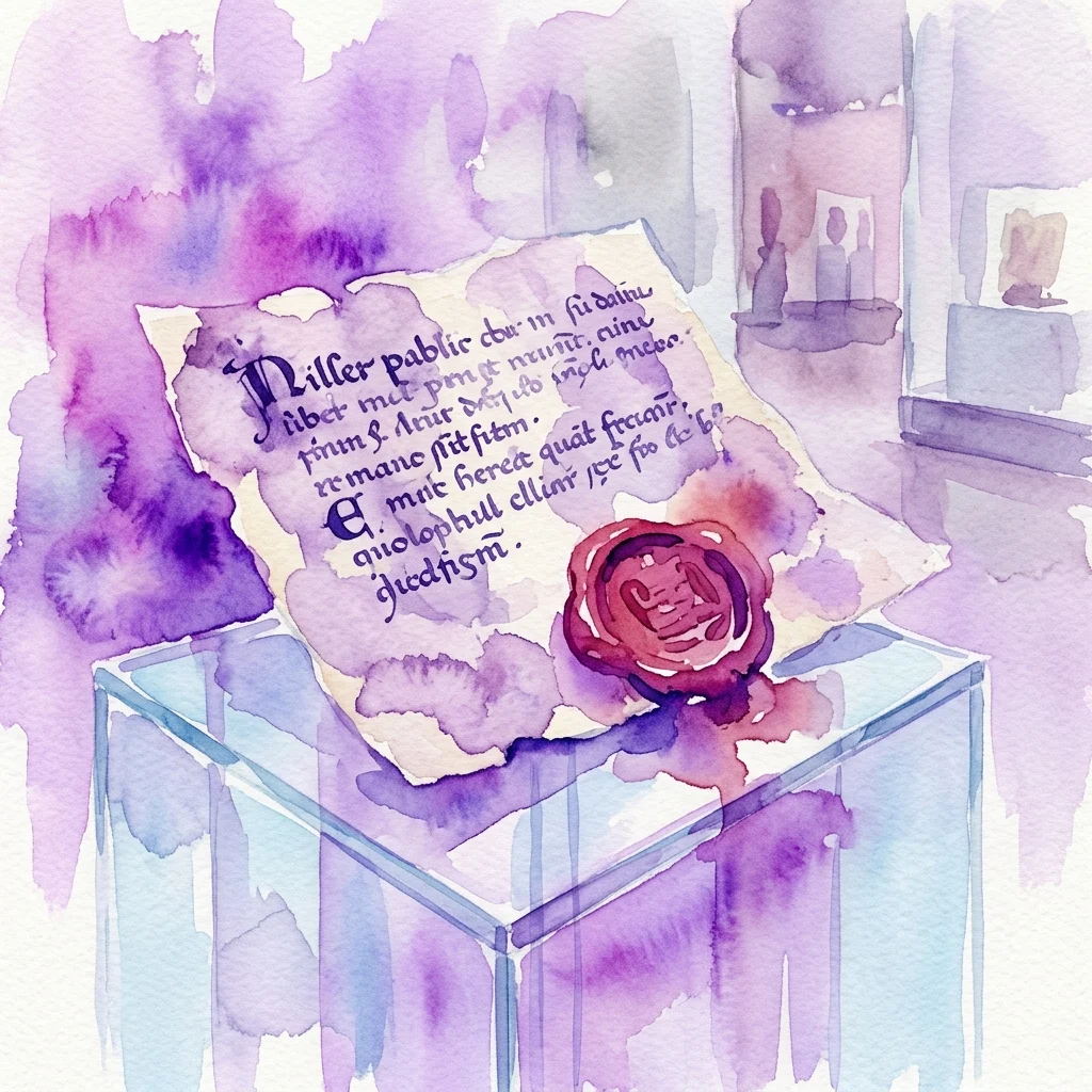 Watercolor painting of the medieval Ostarrichi document featuring Latin calligraphy and a red wax seal, displayed on a glass pedestal.