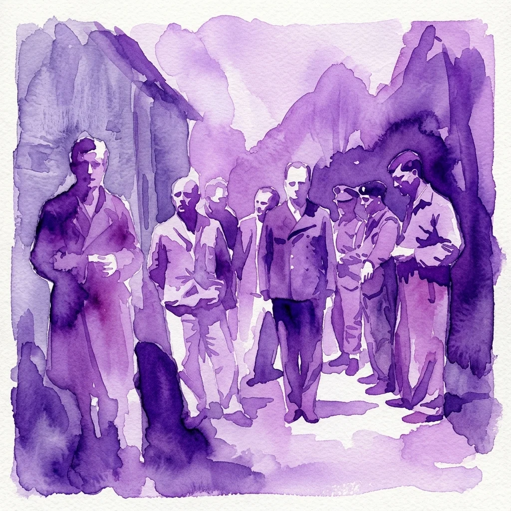 Purple watercolor illustration depicting the arrest of Gauleiter Friedrich Rainer by soldiers in a mountainous forest clearing in May 1945.