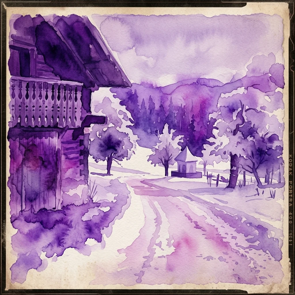 Purple watercolor painting of a rural farmhouse with a dirt path and rolling hills, framed with a vintage film border, evoking the Peršmanhof landscape.
