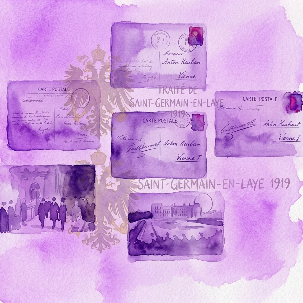 Grafika wystawy Pocztówki z negocjacji pokojowych w Saint-Germain-en-Laye, 1919 w House of Austrian History