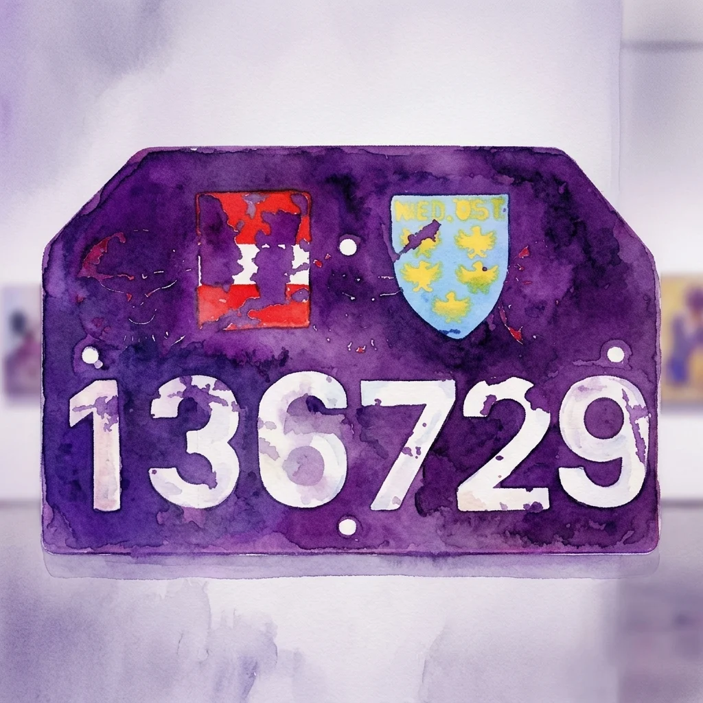 Aquarelillustratie van een vintage paarse kentekenplaat uit Neder-Oostenrijk, Oostenrijk, met het nummer 136729, een Oostenrijkse vlag en een regionaal wapenschild.