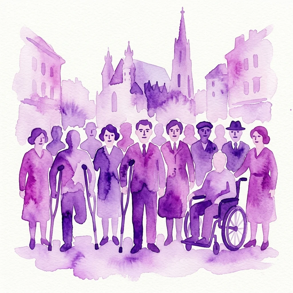 Een paarse aquarelillustratie van een diverse groep mensen, waaronder personen die krukken en een rolstoel gebruiken, die samen in solidariteit staan voor een Europees stadslandschap, wat de Oostenrijkse gehandicaptenbeweging tijdens het interbellum vertegenwoordigt.