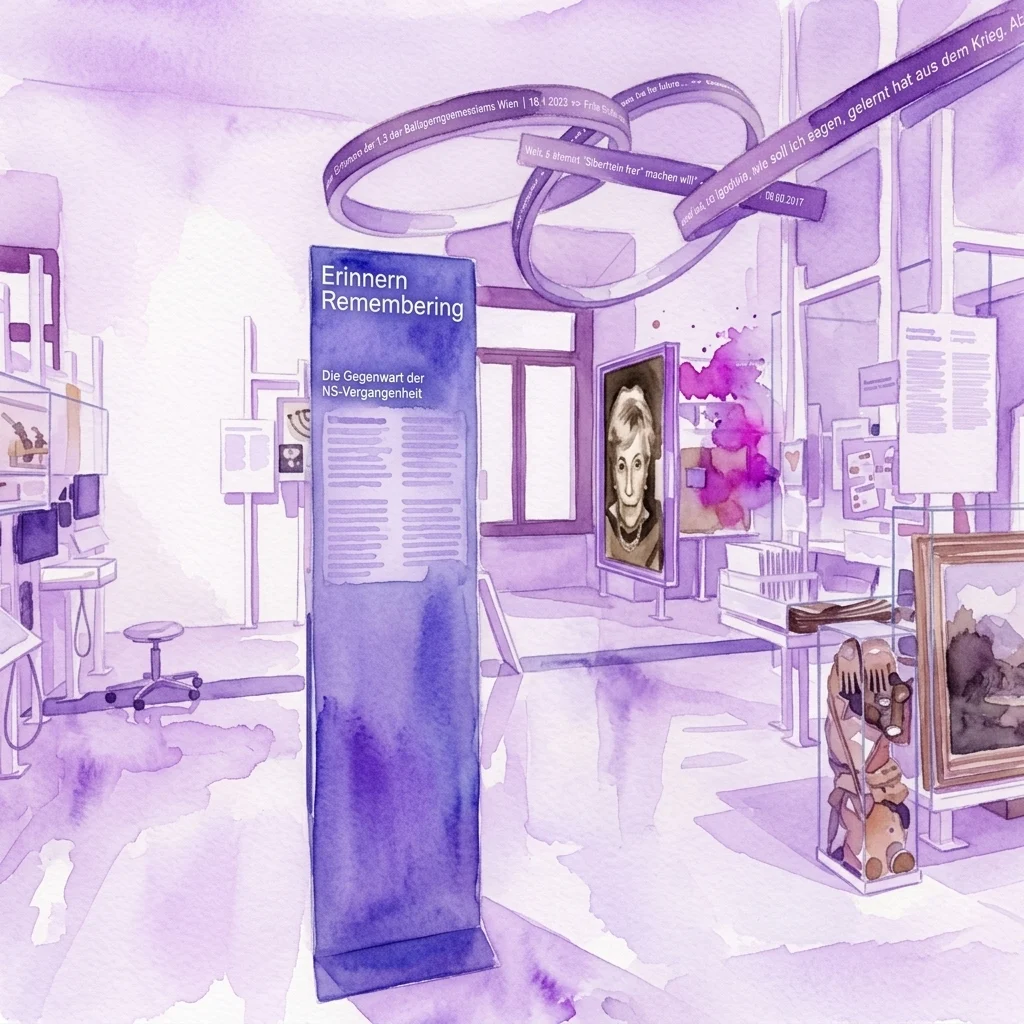 Aquarelillustratie van het interieur van de tentoonstelling 'Erinnern / Remembering', met een hoog titelpaneel, hangende tekstringen en vitrines met objecten.