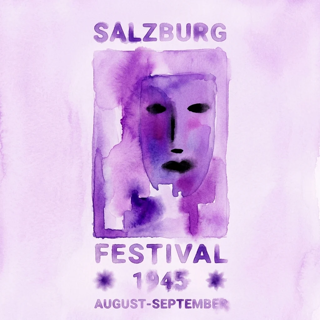Purple watercolor illustration of a theater mask with text reading 'Salzburg Festival 1945 August-September'.