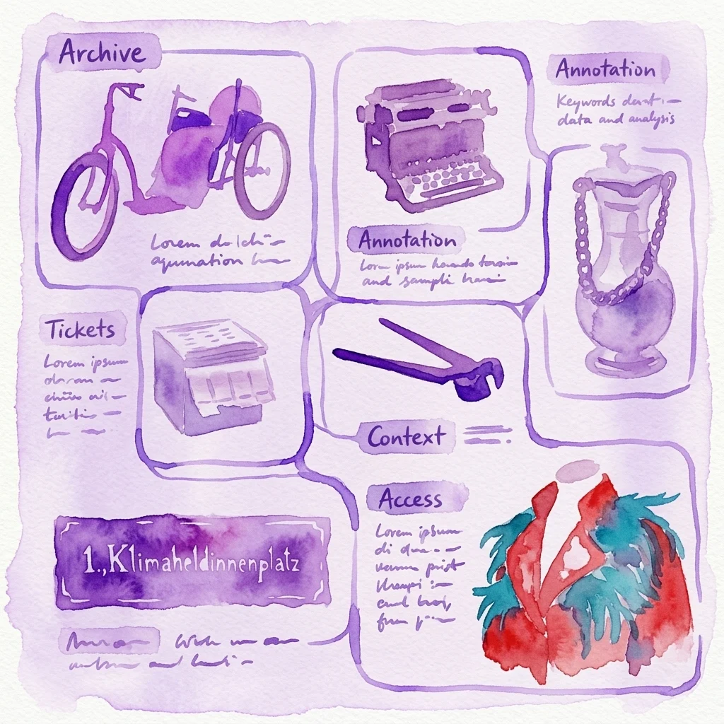 A purple watercolor illustration depicting a digital archive interface with labeled sections: Archive, Annotation, Context, Access, and Tickets, showcasing historical artifacts like a bicycle, typewriter, and clothing with descriptive text.