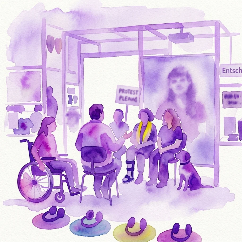 Ilustracja akwarelowa przedstawiająca zróżnicowaną grupę osób z niepełnosprawnościami, w tym osobę na wózku inwalidzkim i psa asystującego, biorącą udział w dyskusji w galerii muzealnej. Scena zawiera artefakty historyczne i transparent protestacyjny, odzwierciedlające temat wystawy samostanowienia i włączenia w Austrii od 1918 roku.