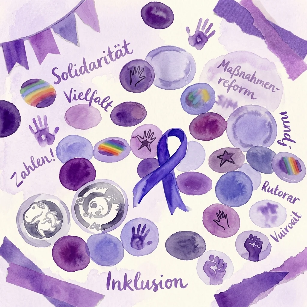 Watercolor illustration with purple circles, handprints, and an awareness ribbon, featuring German words like 'Inklusion', 'Solidarität', and 'Vielfalt'.