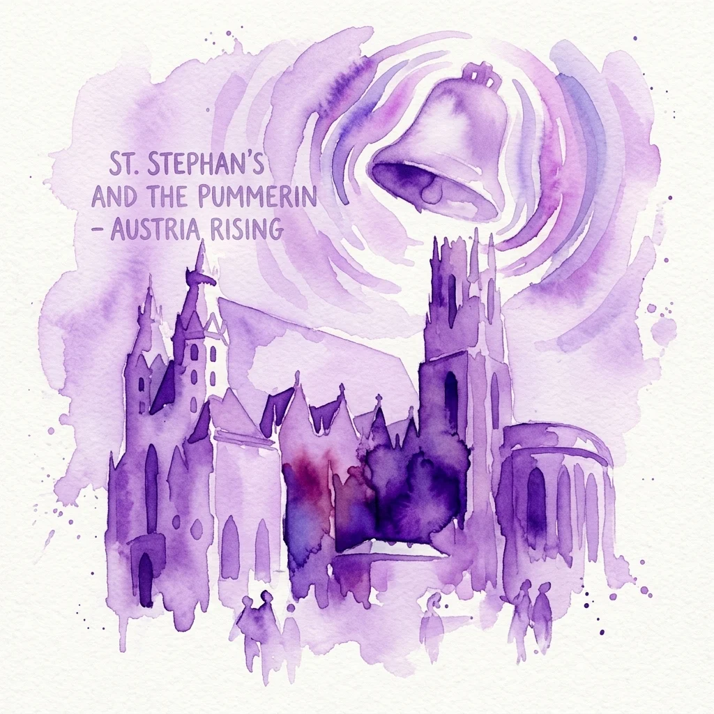 Ilustracja akwarelowa Katedry Świętego Szczepana i dzwonu Pummerin w Wiedniu, symbolizująca powojenną tożsamość narodową i odrodzenie kulturalne Austrii.