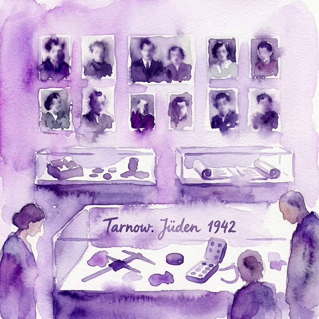 Watercolor illustration of an exhibition display with black and white portraits of Jewish families from the Tarnów Ghetto, 1942, and artifacts in glass cases.