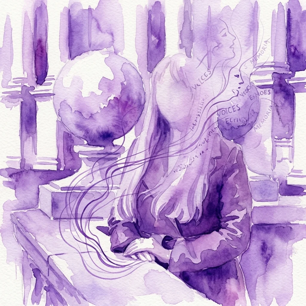 Una ilustración en acuarela púrpura de una mujer de perfil, con cabello ondulado y ondas sonoras etiquetadas como 'Voices' y 'Memoria' emanando de ella, sobre un telón de fondo arquitectónico histórico.