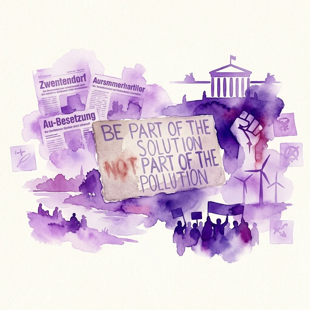 Fioletowa ilustracja akwarelowa przedstawiająca scenę protestu z sylwetkami ludzi trzymających transparenty, turbinami wiatrowymi, uniesioną pięścią i wycinkami z gazet, skupiona wokół transparentu z napisem 'BE PART OF THE SOLUTION NOT PART OF THE POLLUTION'.