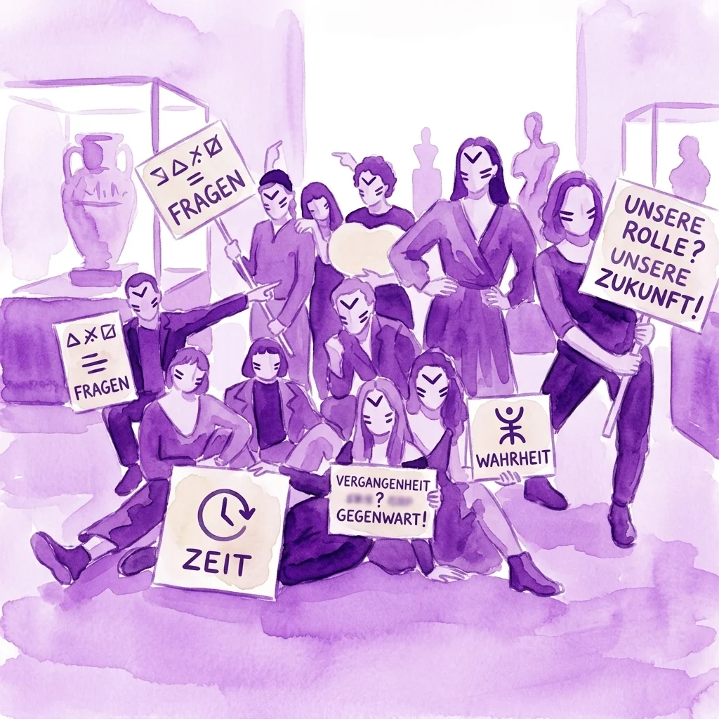 Jonge acteurs in een museumexpositie met borden met Duitse zinnen zoals 'FRAGEN', 'ZEIT', 'WAHRHEIT' en 'UNSERE ROLLE? UNSERE ZUKUNFT!', die historische thema's verkennen door middel van theater.