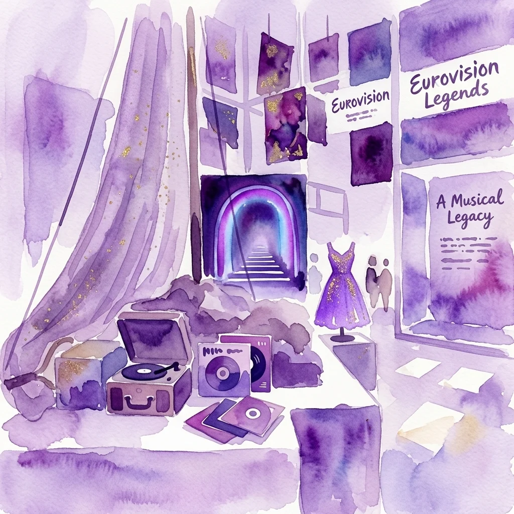 Watercolor illustration of the 'Unstoppable! Eurovision Song Contest Highlights' exhibition, featuring a glittering purple dress, vintage records, a record player, and signage reading 'Eurovision Legends' and 'A Musical Legacy' in a museum display.