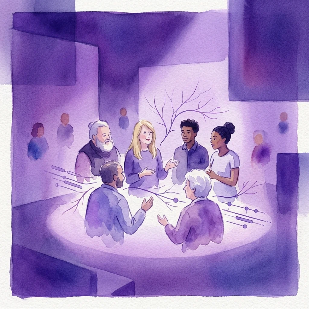 Een aquarelillustratie van zes diverse personen die in gesprek zijn in een moderne tentoonstellingsruimte, die de videokunstinstallatie 'VIELGESCHICHTIG. 6 Portretten | 31 Gesprekken | 6 Talen' vertegenwoordigt, waarin persoonlijke geschiedenissen en banden met de Oostenrijkse cultuur worden onderzocht.