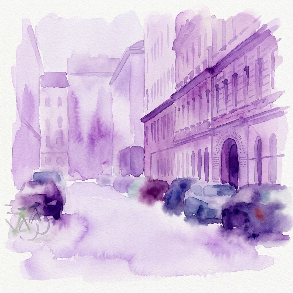 Paars aquarel met een straatscène met geparkeerde auto's, een fiets en gebouwen van meerdere verdiepingen.