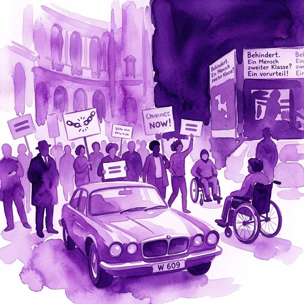 Una ilustración de acuarela púrpura de una multitud diversa en protesta que sostiene carteles abogando por los derechos de las minorías, incluyendo la igualdad y los derechos de las personas con discapacidad, con un coche de época y un fondo arquitectónico austriaco.
