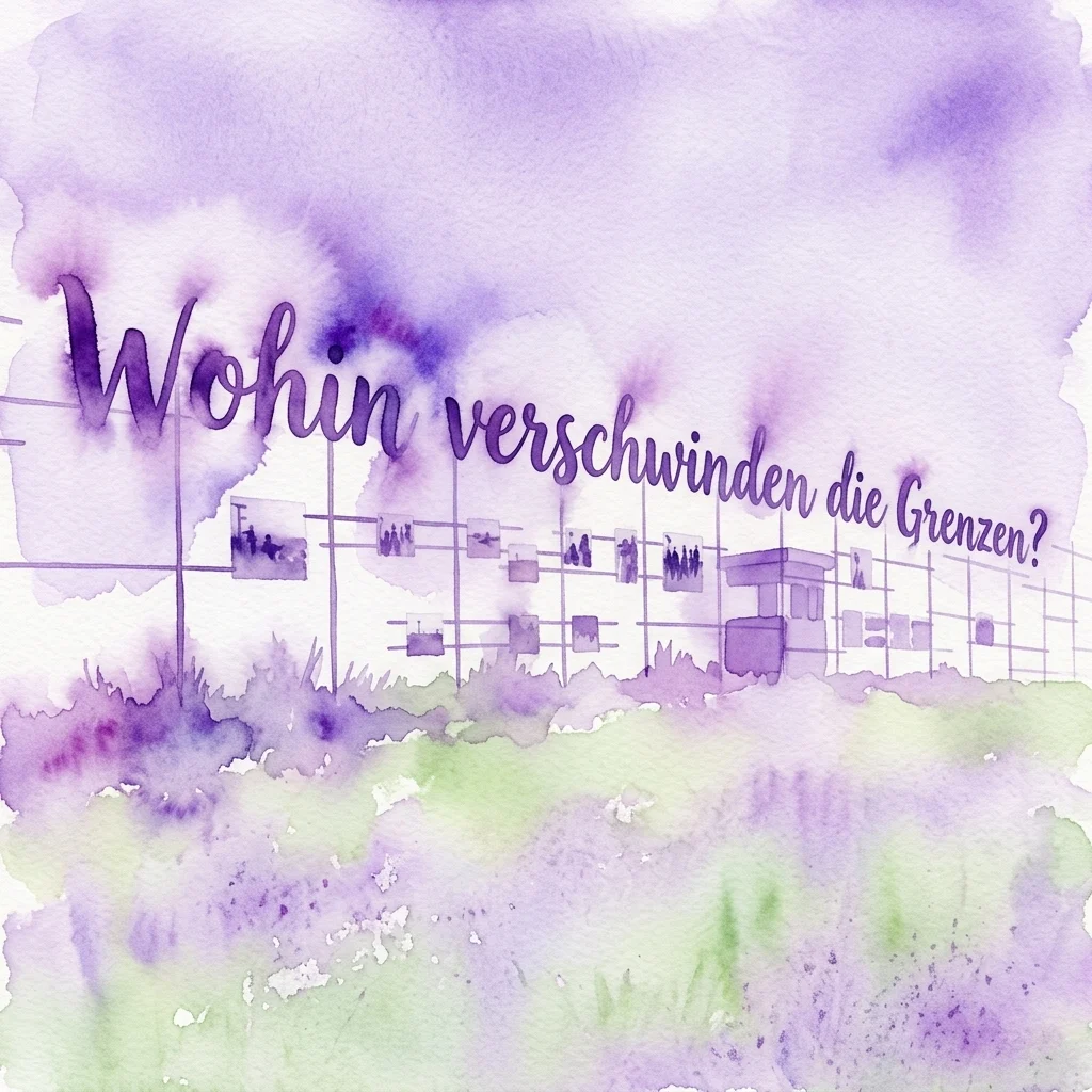 Waterverfillustratie van een grensovergang met de tekst 'Wohin verschwinden die Grenzen?' (Waar verdwijnen de grenzen?) in paars, met een hek met fotopanelen en een wachthokje.