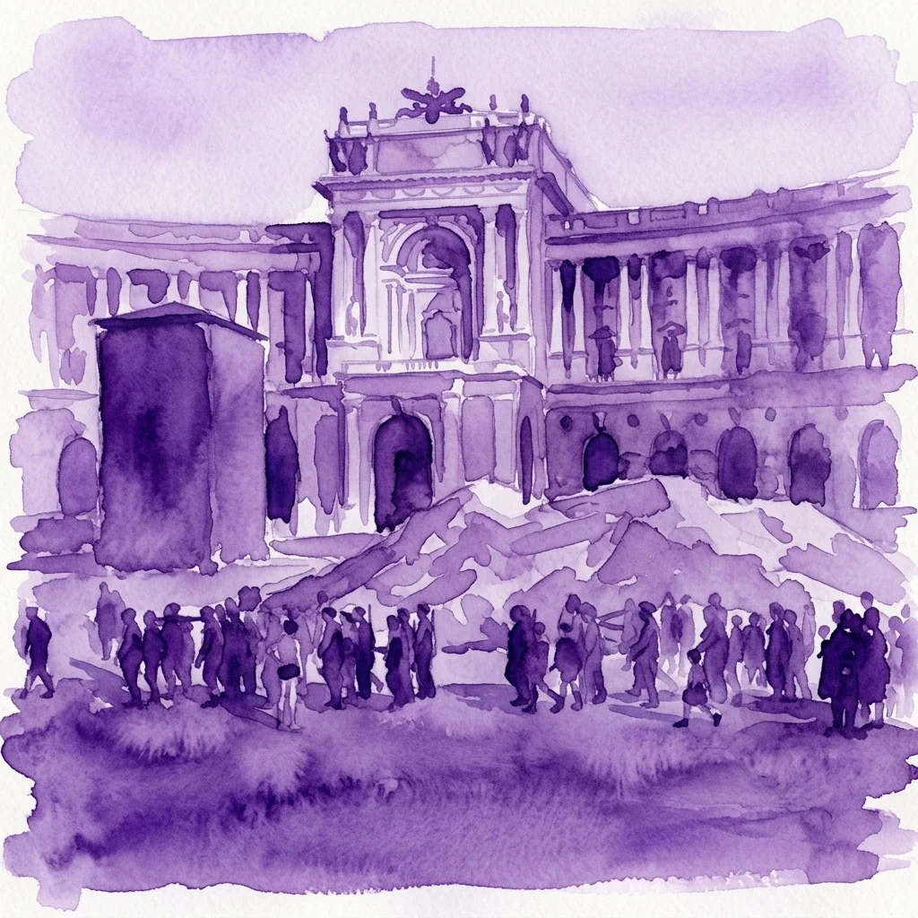 Fioletowa ilustracja akwarelowa wspaniałego budynku o klasycznej architekturze, otoczonego gruzami i tłumem ludzi, symbolizująca powojenną odbudowę Austrii wiosną i latem 1945 roku.