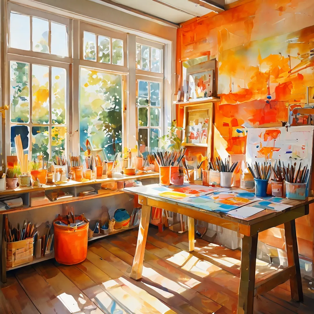 Un vibrante estudio de arte en The House of Collections, con materiales para los talleres creativos de arte infantil.