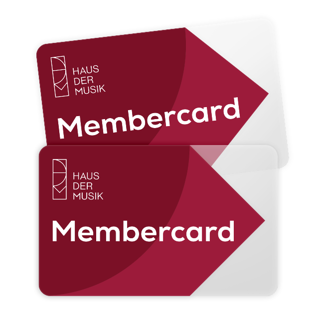 Dos tarjetas de miembro de color granate con el logotipo de Haus der Musik y la palabra 'Membercard' en texto blanco