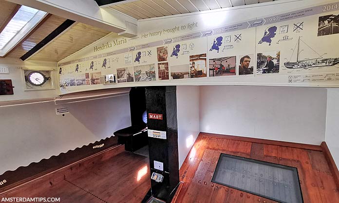 Houten vloer van een woonbootmuseum met tentoonstellingspanelen langs de muren, een vitrine en een glazen luik in de vloer.