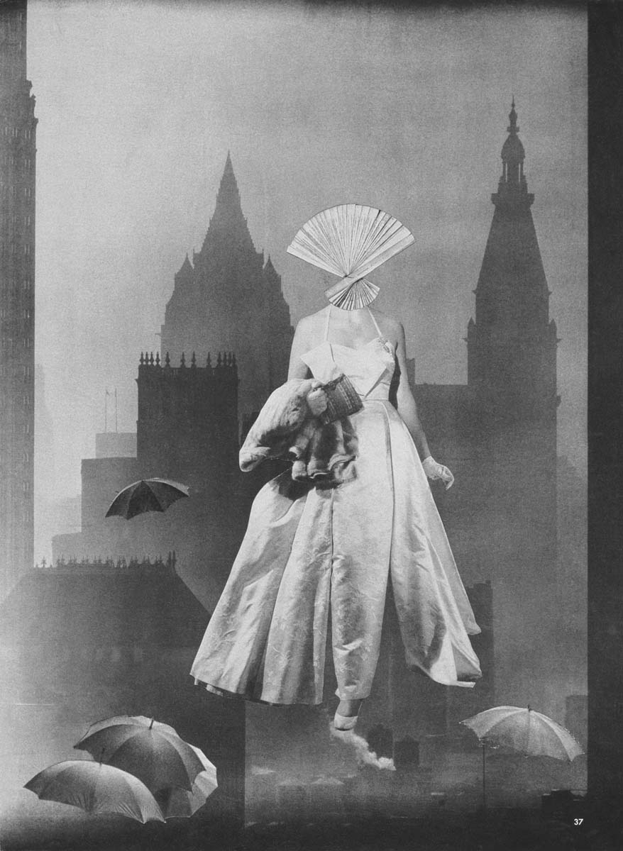 Black-and-white photograph of a woman in flowing dress with fan covering her face, floating above city buildings with scattered umbrellas