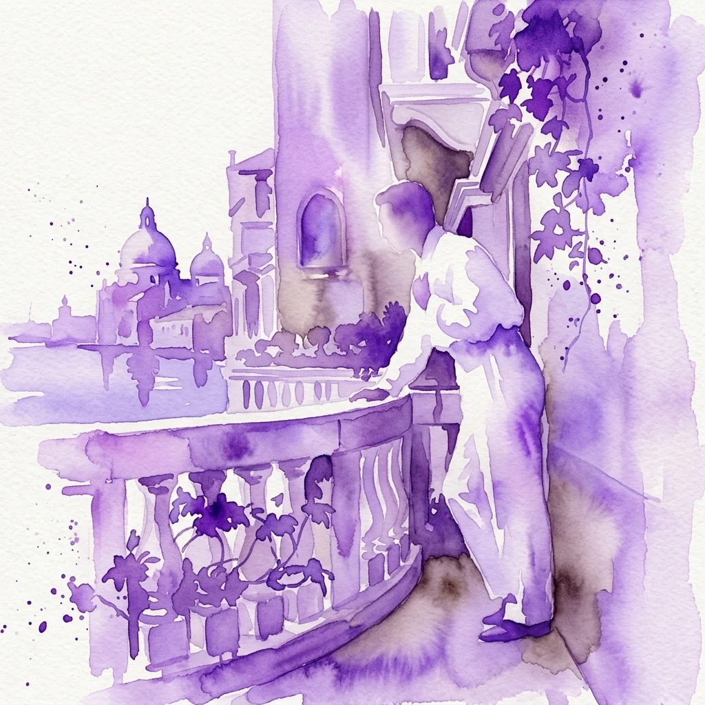 Purple watercolor illustration of a man leaning on a balcony overlooking a Venetian canal with domed buildings, for the Adolphe de Meyer exhibition.