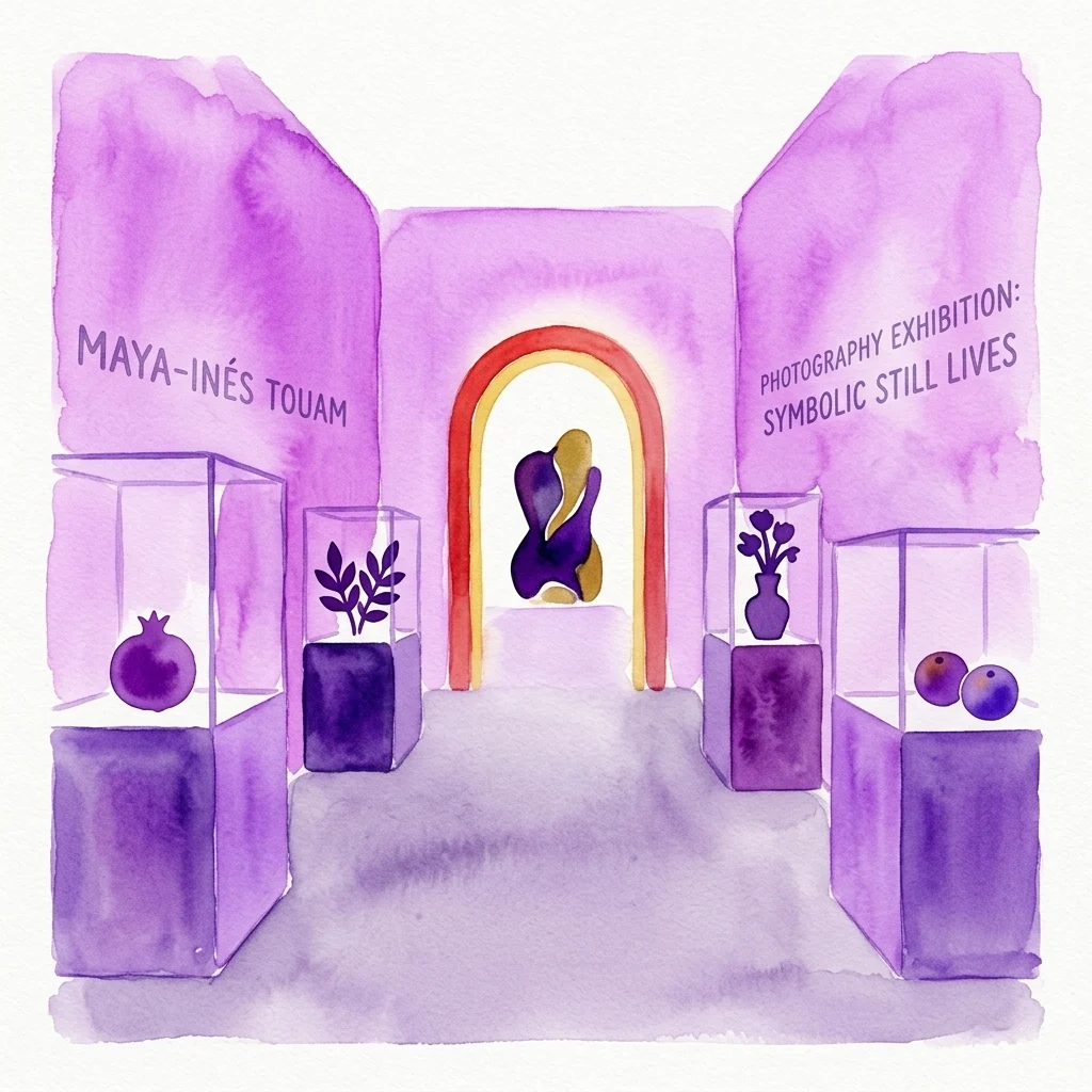 A watercolor illustration of a photography exhibition by Maya-Inés Touam titled 'Symbolic Still Lives,' featuring purple display cases with symbolic objects and a central archway.