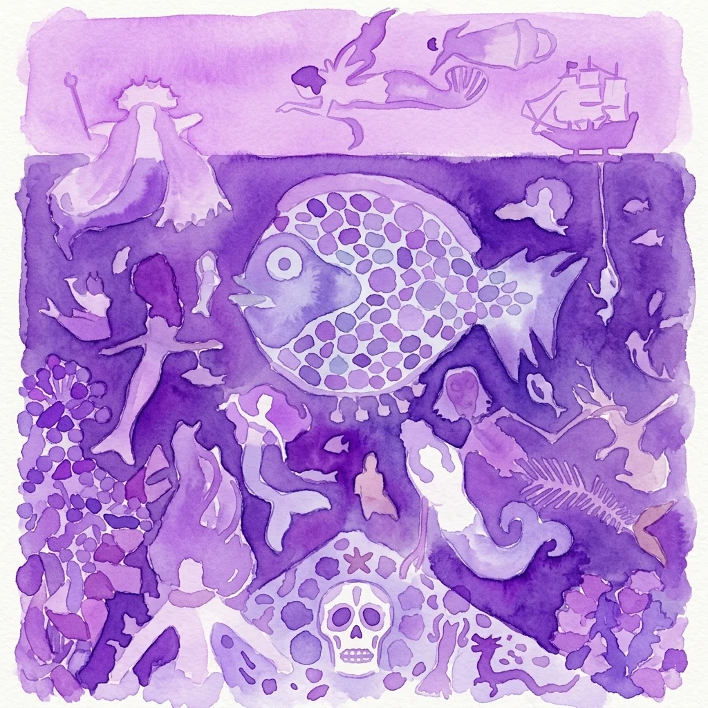 A vibrant purple watercolor artwork featuring a central fish, mermaids, a skull, a ship, and other whimsical figures, evoking themes of fantasy and transformation.
