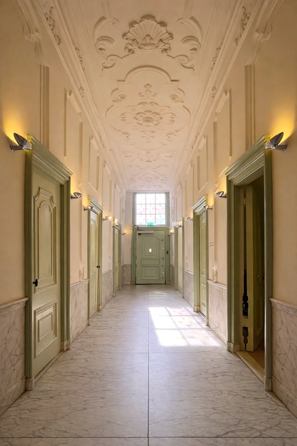 Ornate hallway with marble floors, green doors, and decorative plaster ceiling in Huis Marseille Museum for Photography
