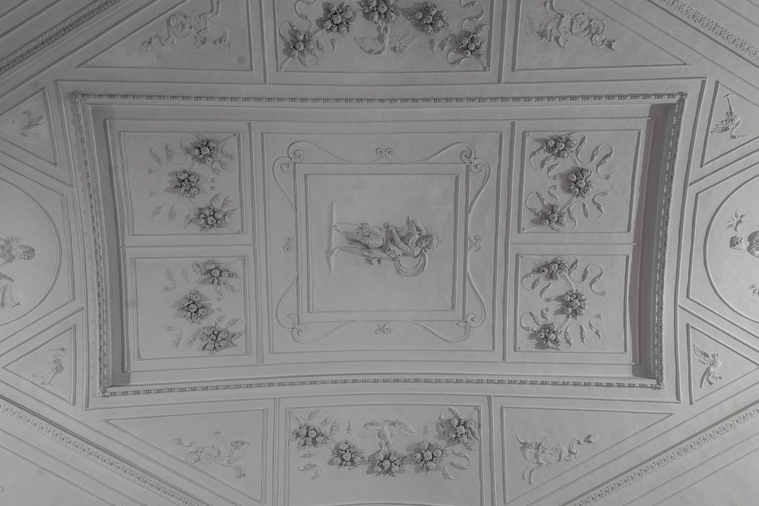 ornate plafond met florale fresco's en een centraal medaillon